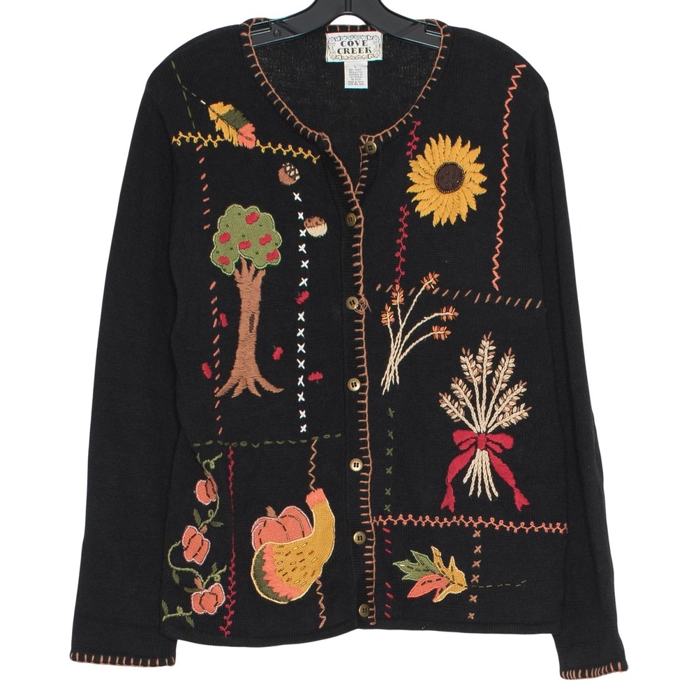 Vintage Cardigan Embroidered Artsy Cottagecore Farmhouse Grandma Button Black L